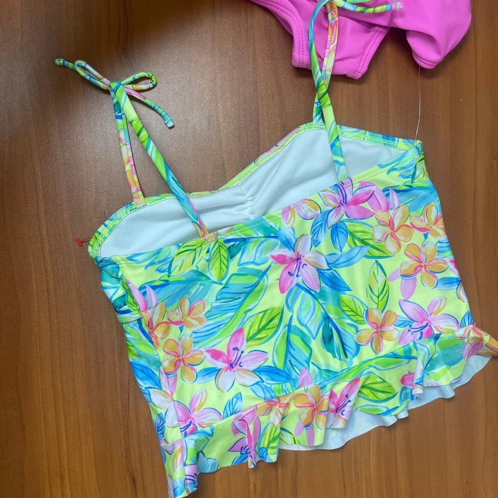 Cat & Jack Girls Tropical Floral Tankini 2-piece Swimsuit Pink Lime Green Size 8